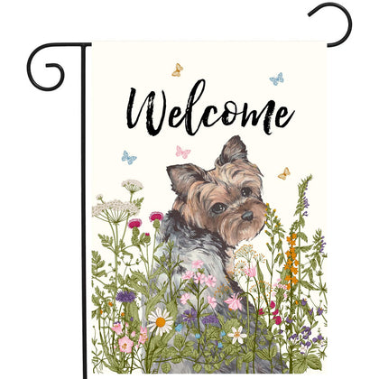 DZGlobal Floral Yorkie garden flag front view with double-sided color for outdoor charm.