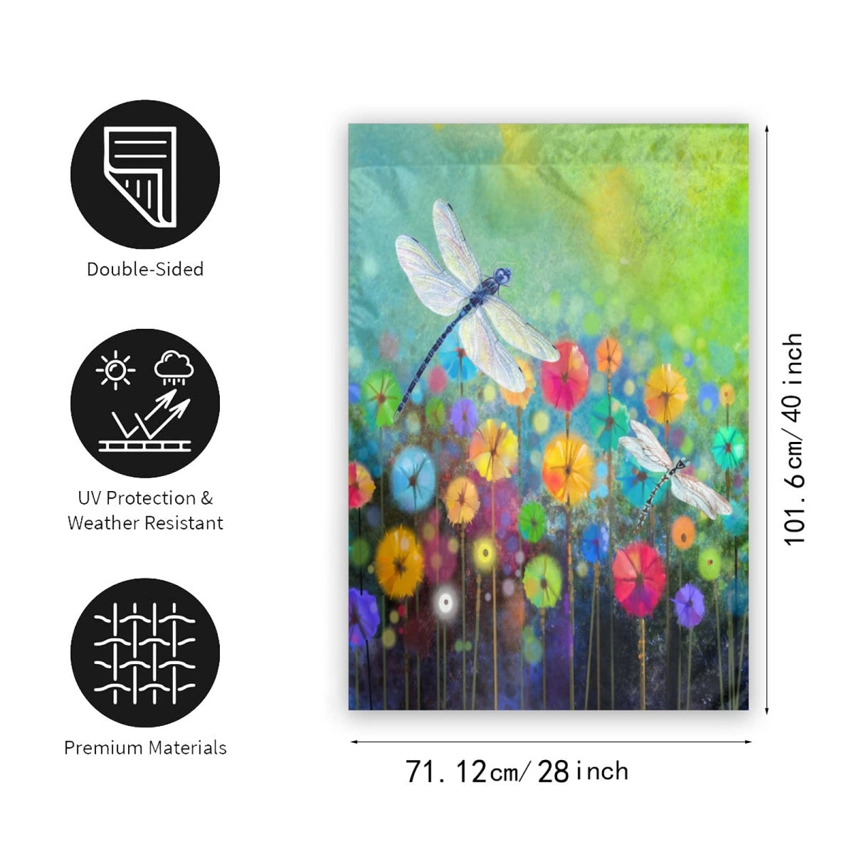 DZGlobal Dragonfly Flag detail highlighting colorful petals and summer welcome.