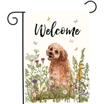 DZGlobal floral Golden Doodle garden flag, 12x18, double-sided for outdoor welcome.