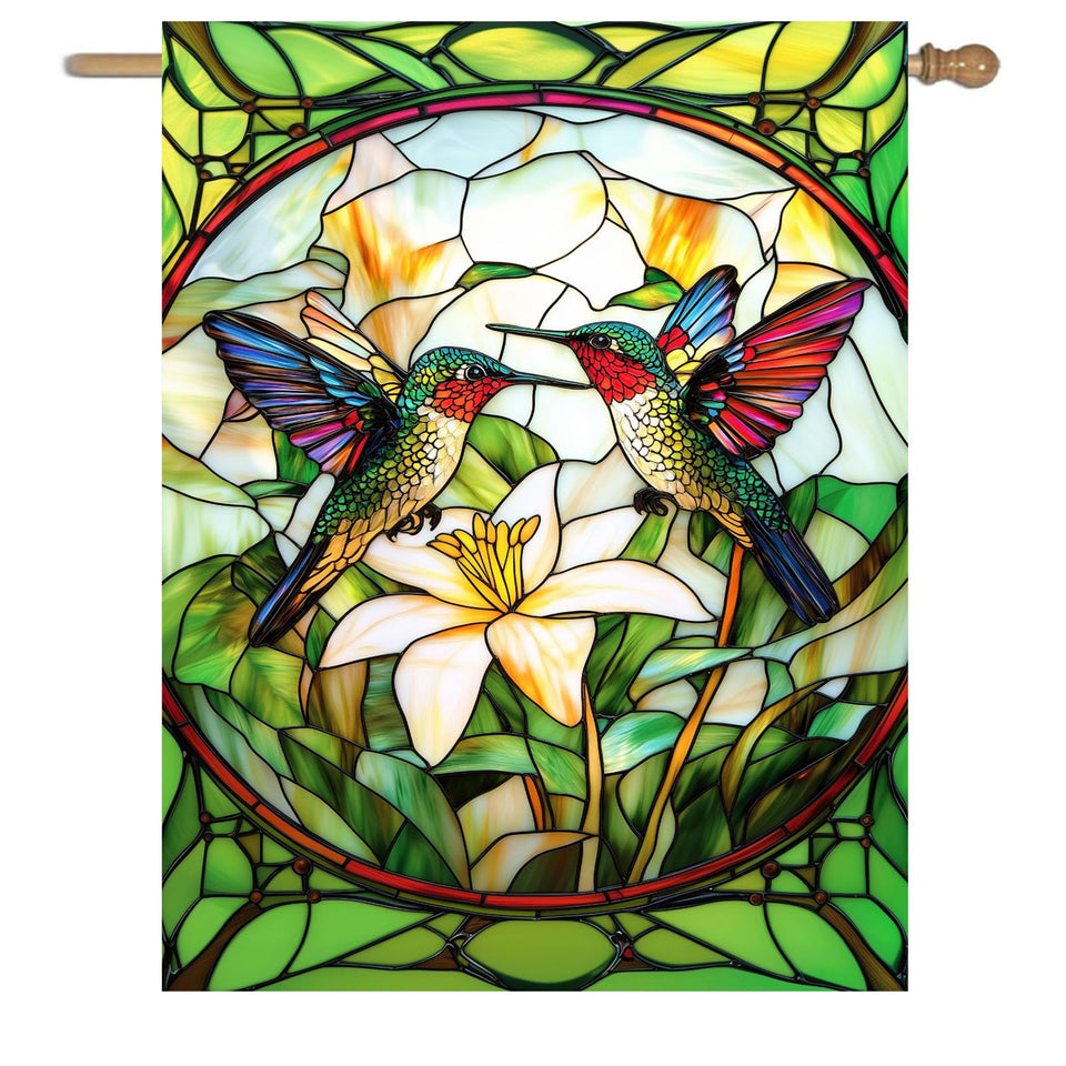 DZGlobal stained glass hummingbird flag front view, bright colors welcome guests outdoors