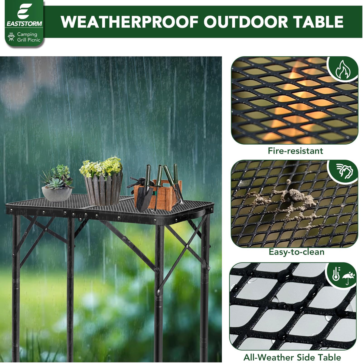E EASTSTORM Folding Grill Table alloy steel mesh highlights heat and rust resistance.
