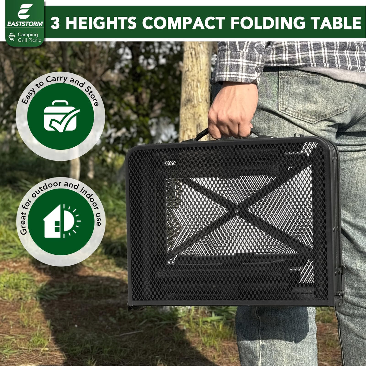 E EASTSTORM Folding Grill Table fits grills under 23x15 inches for compact setups.