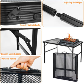 E EASTSTORM adjustable-height table supports versatile cooking and dining setups.