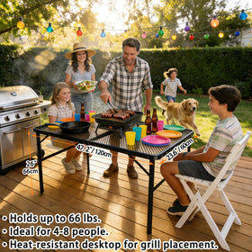 E EASTSTORM 4ft table with metal mesh top drains liquids during outdoor dining.