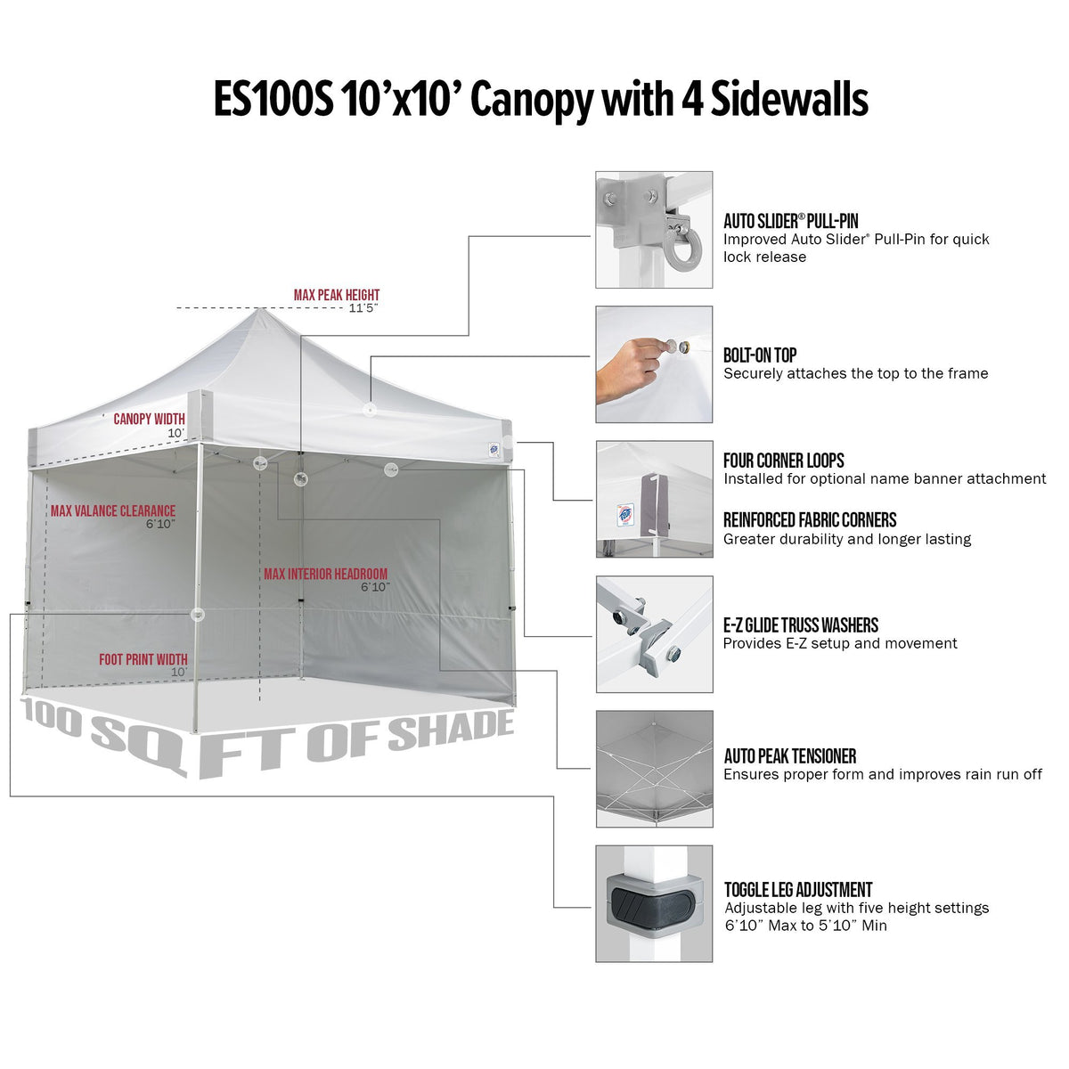 E-Z UP ES100S sidewalls extended provide privacy and product visibility