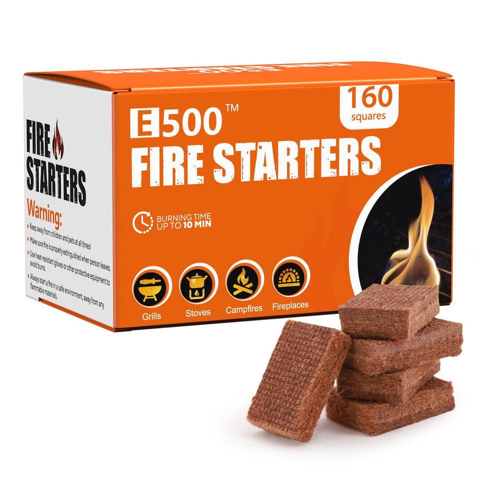 E500 large fire-starter cubes 160-count for long, steady campfire lighting.