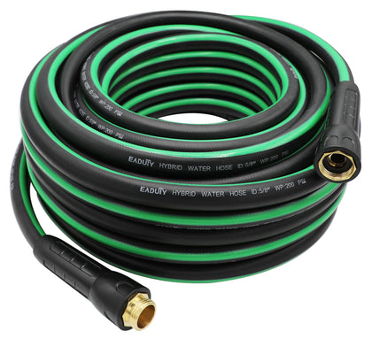 EADUTY Hybrid Garden Hose coiled, highlighting lightweight durability for easy yard watering