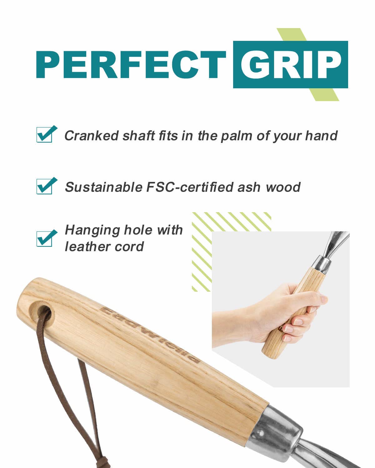 Eadwiella ash hardwood handle provides comfortable grip during extended gardening sessions.