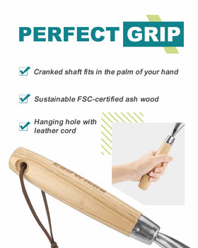 Eadwiella ash hardwood handle provides comfortable grip during extended gardening sessions.