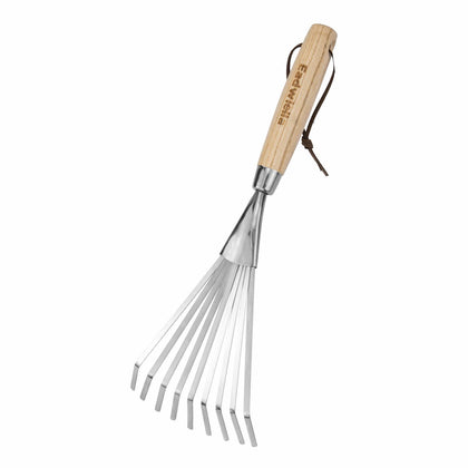 Eadwiella hand cultivator with 9-teeth rake for precise soil tilth in small garden beds.