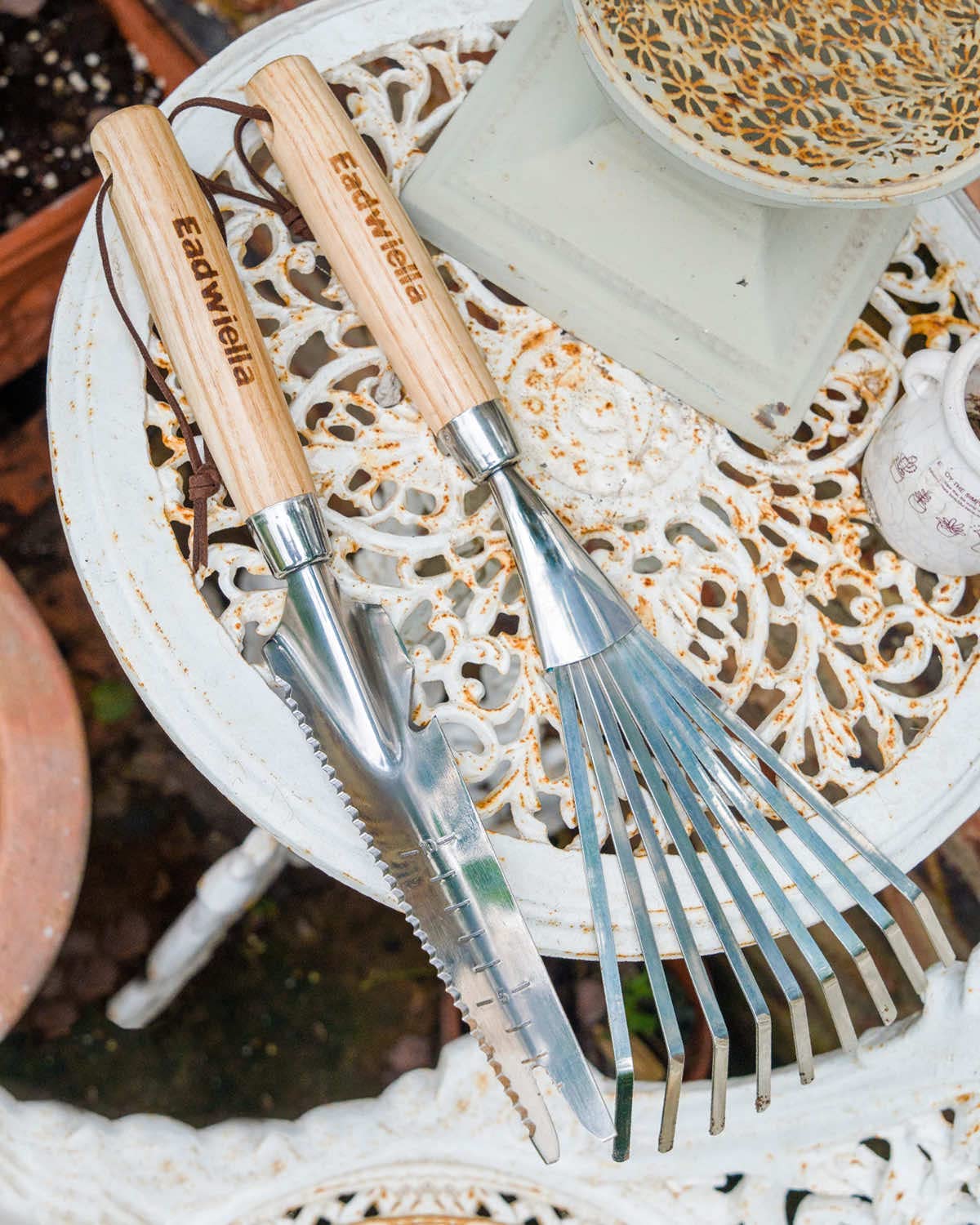 Eadwiella hand rake ideal for weeding, leaf raking, and gravel leveling.