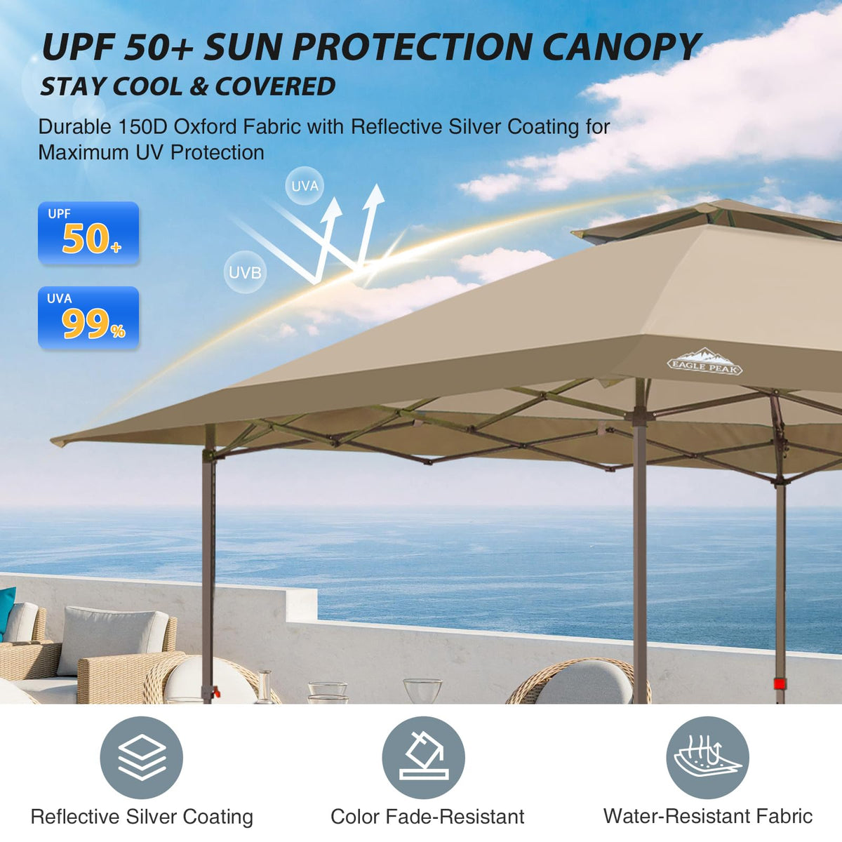 Eagle Peak 169 square feet of shade covers large gatherings outdoors.