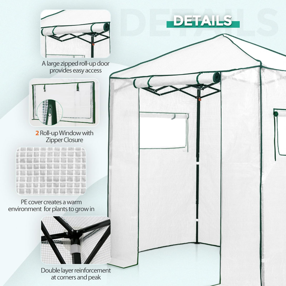 Eagle Peak 6x4 walk-in greenhouse powder-coated frame withstands outdoor use.