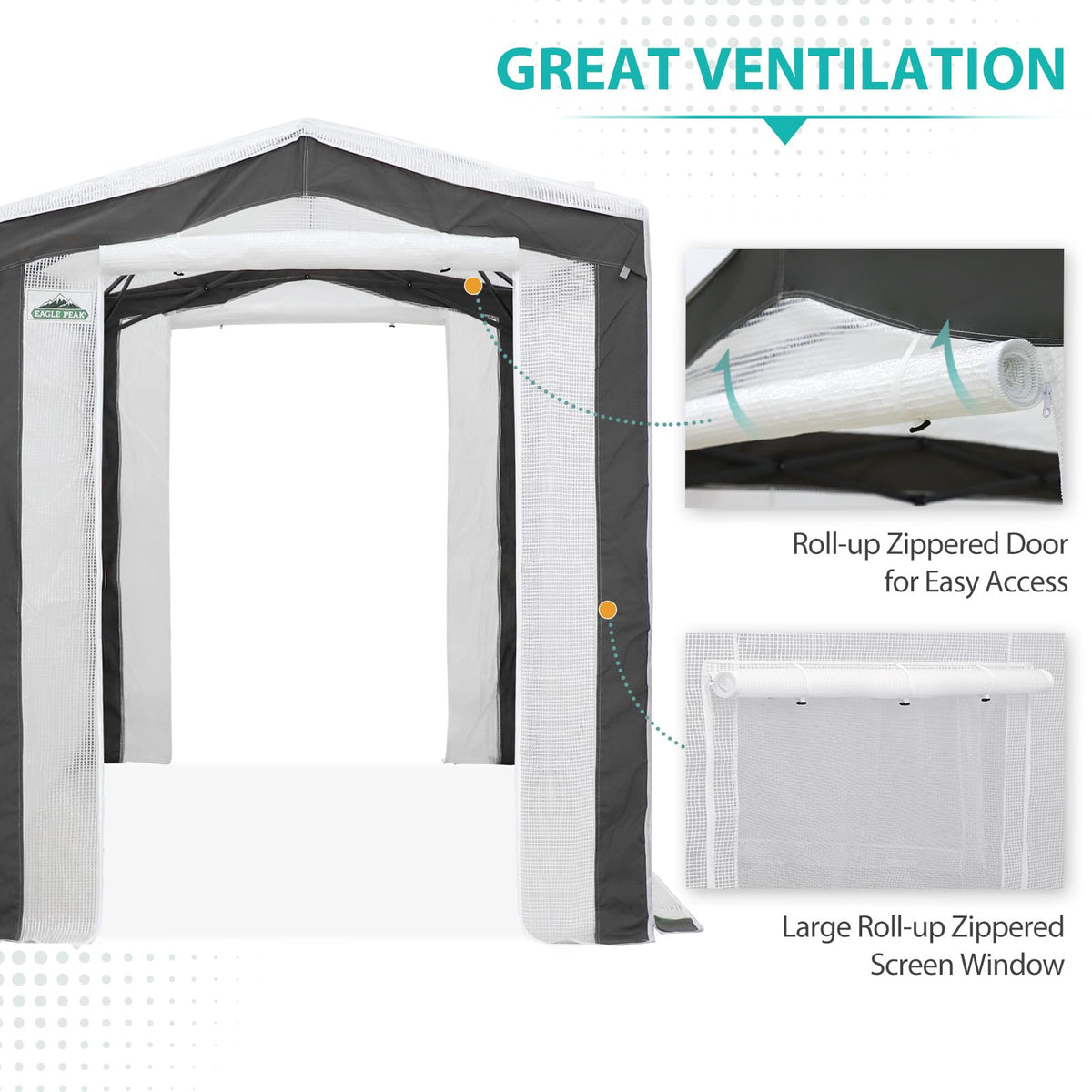 Eagle Peak greenhouse features roll-up doors and mesh windows for airflow.