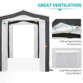 Eagle Peak greenhouse features roll-up doors and mesh windows for airflow.