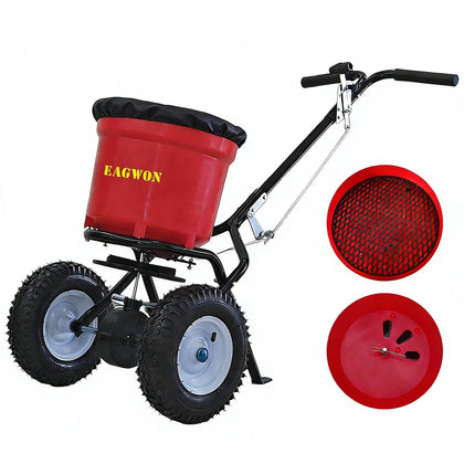EAGWON 50lb spreader hopper demonstrates rustproof durability for lawn work.
