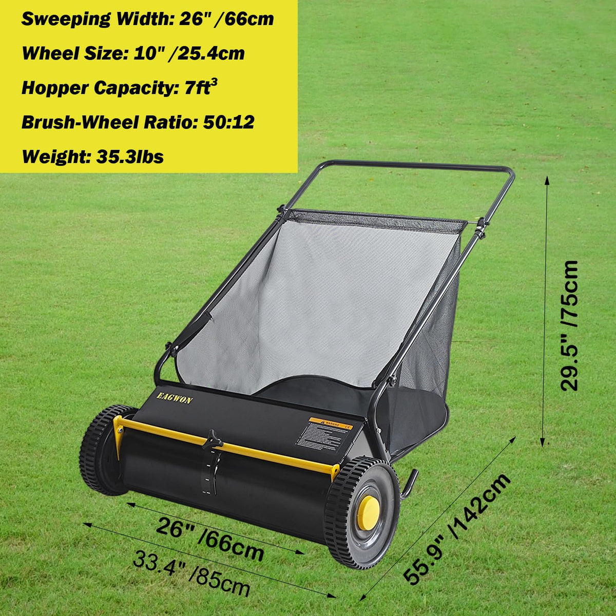 Durable steel frame with yellow and black finish of the EAGWON sweeper.