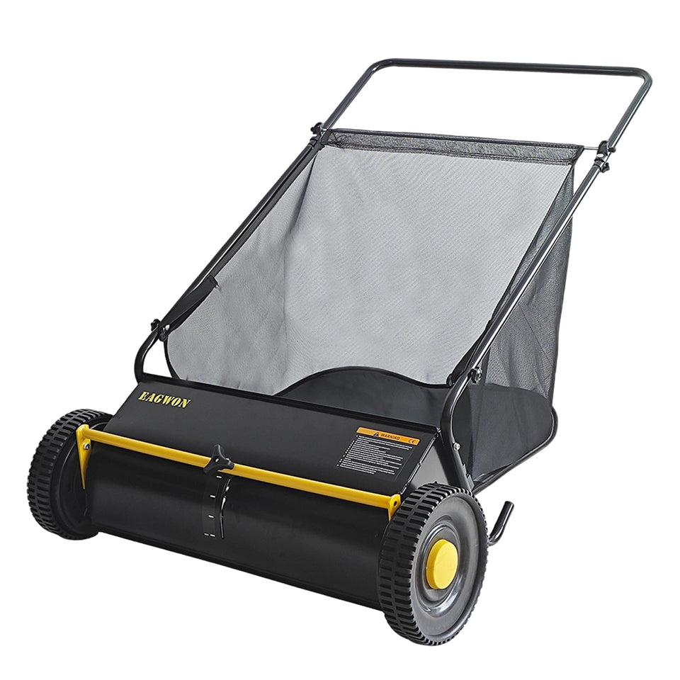 EAGWON Push Lawn Sweeper with 26-inch width for fast debris collection.