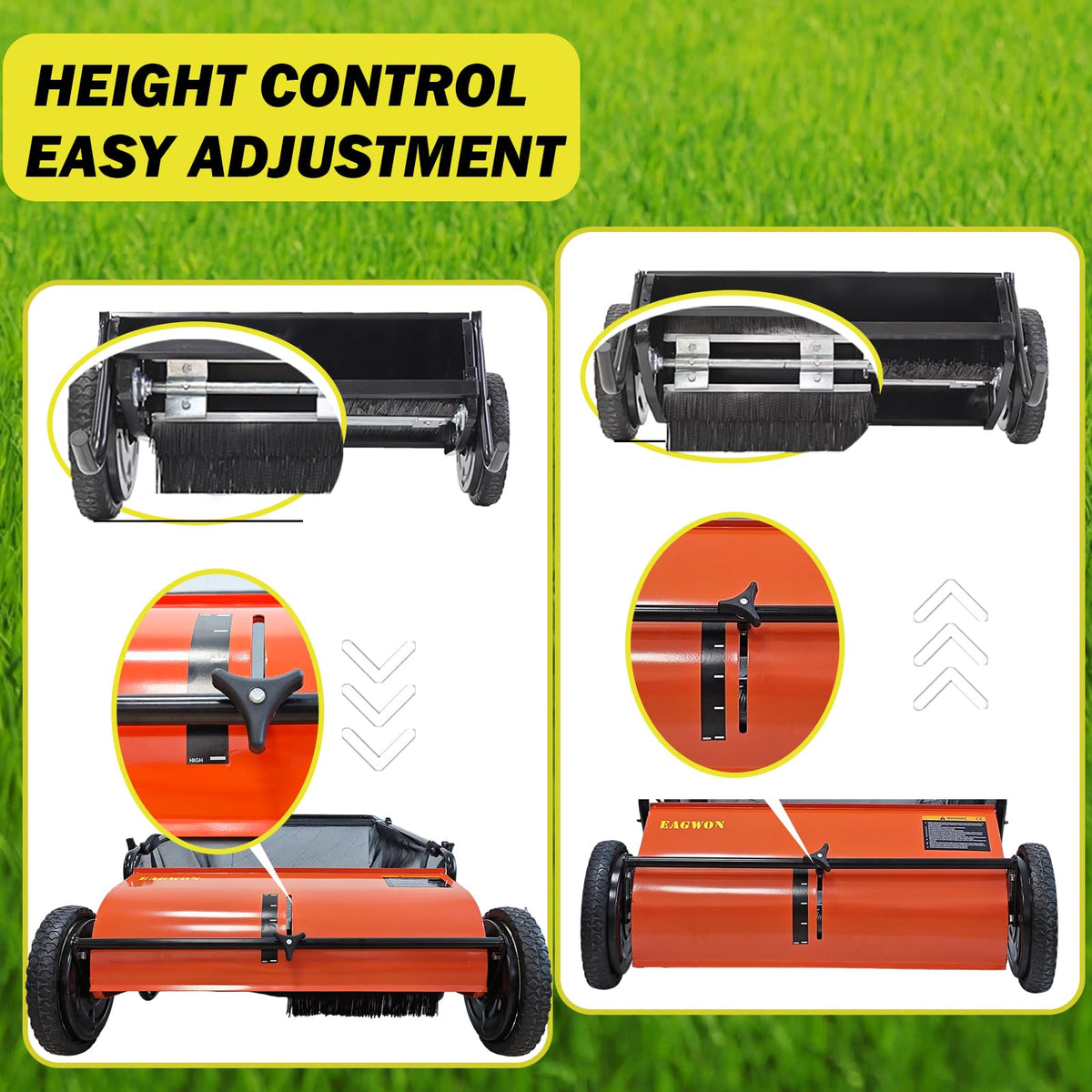 EAGWON orange-colored sweeper boosts visibility in the yard.