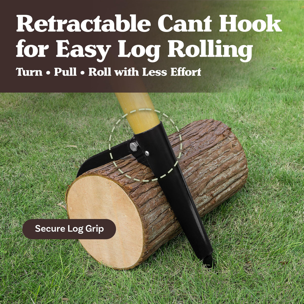 Earth Worth cant hook deployed to grab and roll 18-inch logs.