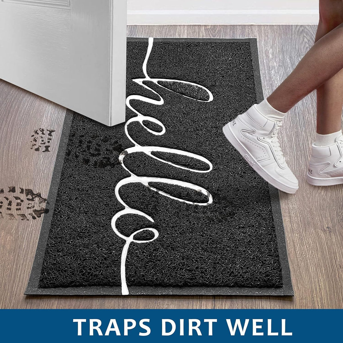 EARTHALL Funny Hello Mat's concave design traps dust and mud effectively.