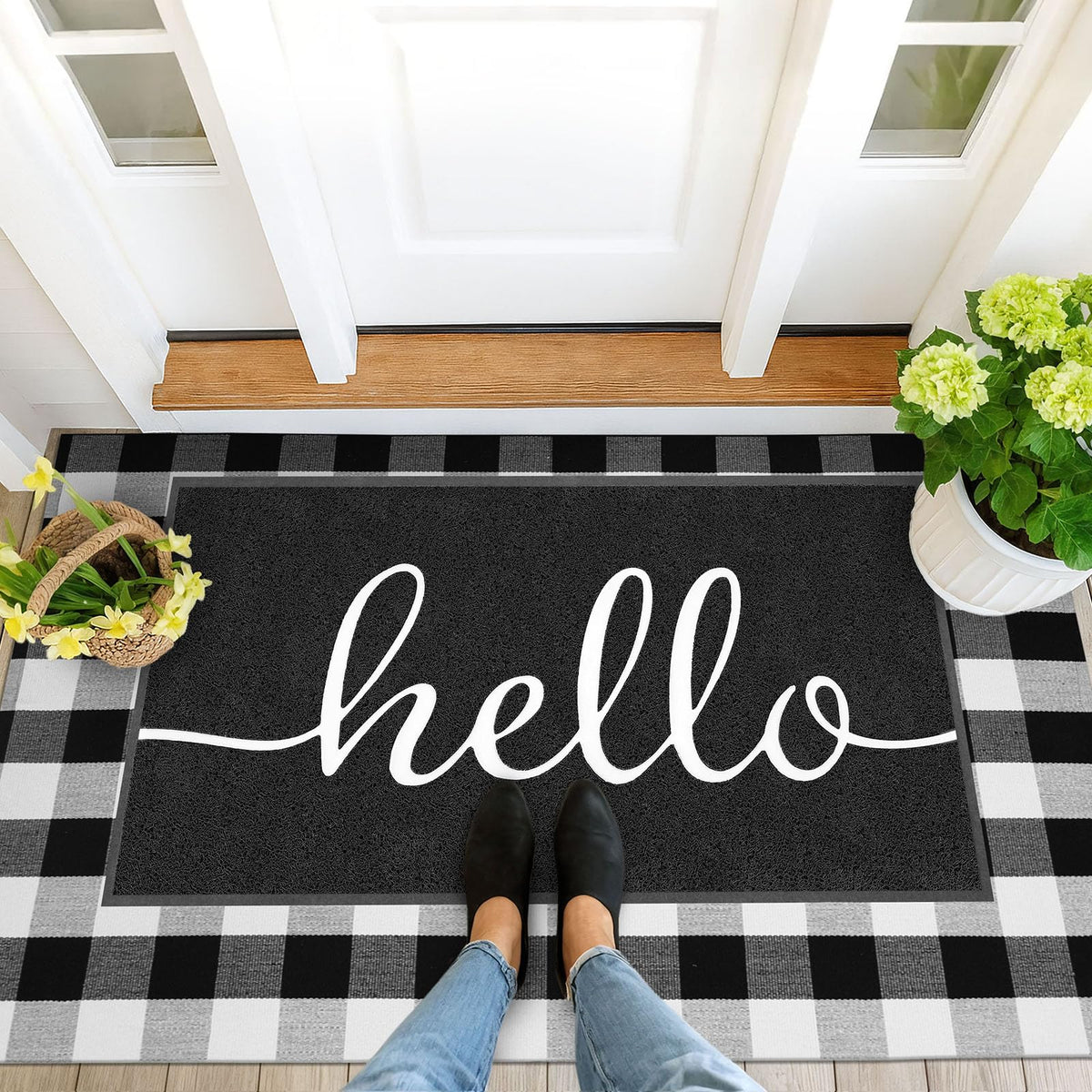 EARTHALL Funny Hello Mat features non-slip backing for stable placement on various floors.
