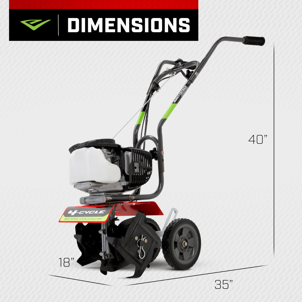 Earthquake 12802 MC440 engine detail highlights 40cc four-cycle efficiency and cleaner operation.