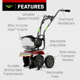Earthquake 12802 MC440 mini cultivator side view demonstrates easy maneuverability around plants.