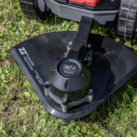Earthquake 60V mower offset cutting head reaches along fences and edges.