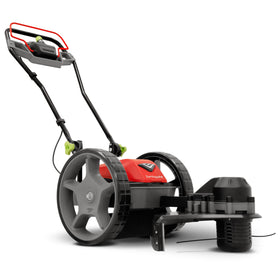 Earthquake 60V walk-behind mower packaging shows two 4Ah batteries for extended runtime.