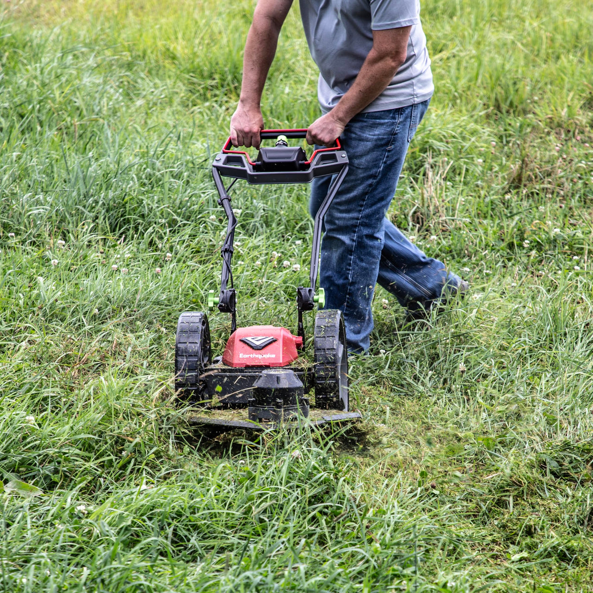 Earthquake 60V mower includes two 4Ah batteries ready for up to 90 minutes of mowing.