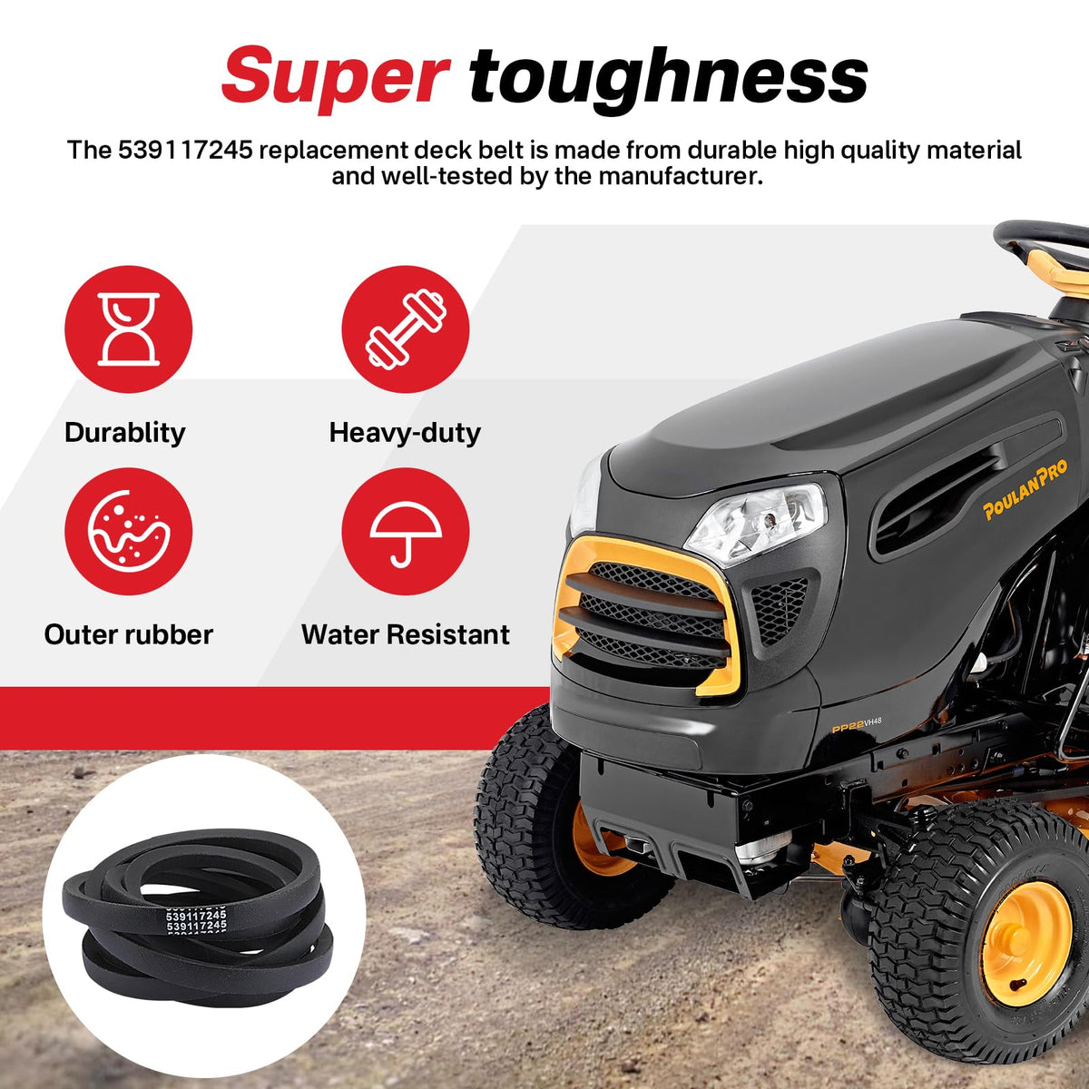 Earthtec durable lawn mower belt, resistant to high-impact loads for reliable outdoor use.