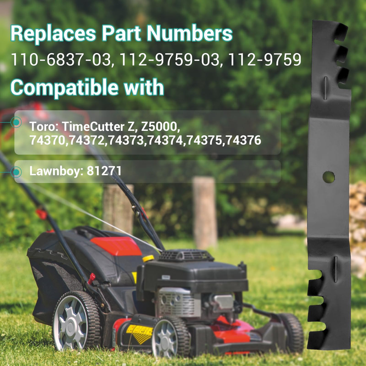 Earthtec mulch blade with vertical teeth for efficient cutting and cleaner turf.