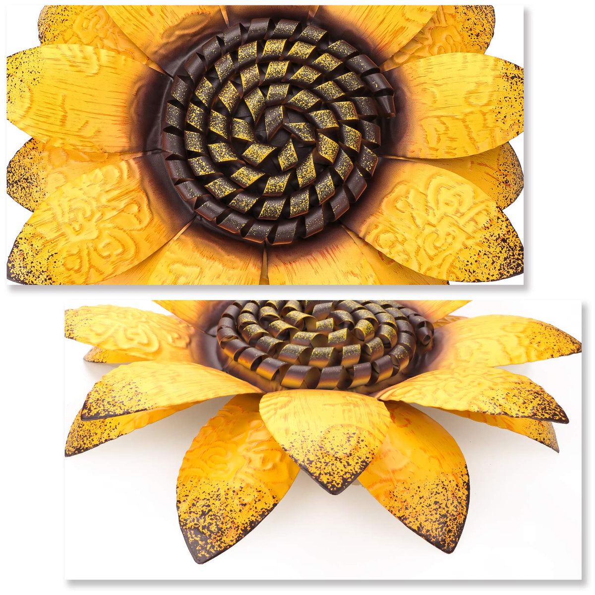 Sunflower wall sculpture adding color to kitchen area