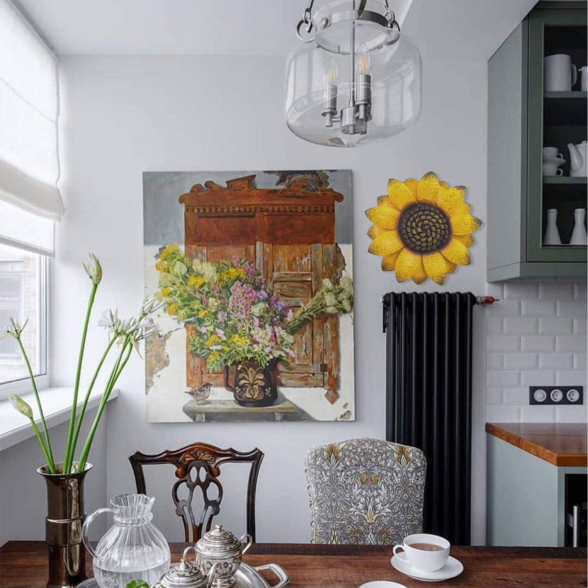 Metal sunflower wall decor hanging securely with hook