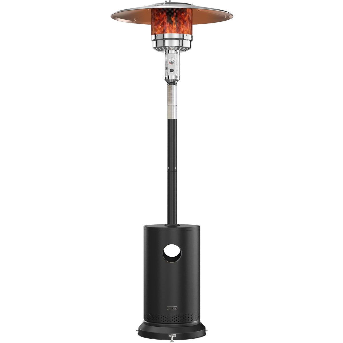East Oak 55,000 BTU patio heater with round table for outdoor entertaining.