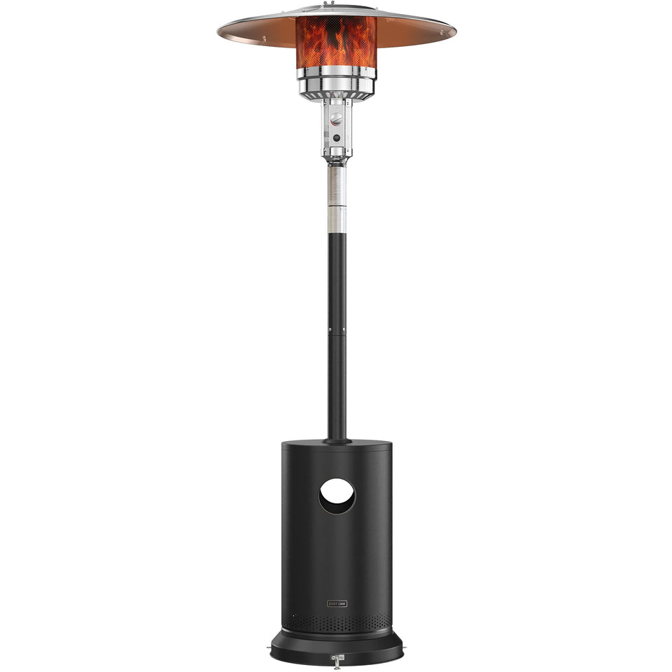 East Oak 55,000 BTU patio heater with round table for outdoor entertaining.