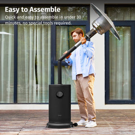 East Oak outdoor heater with wheels enables easy mobility.