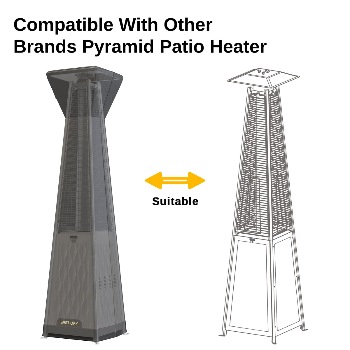 East Oak pyramid heater cover on stand-up heater demonstrates weatherproof protection.