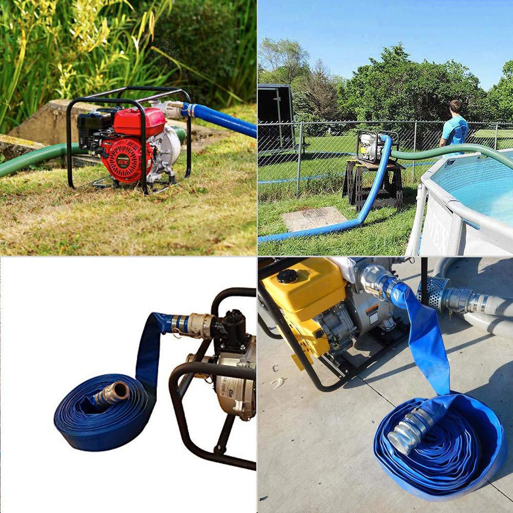 Eastrans blue pool discharge hose connected to an in-ground pump