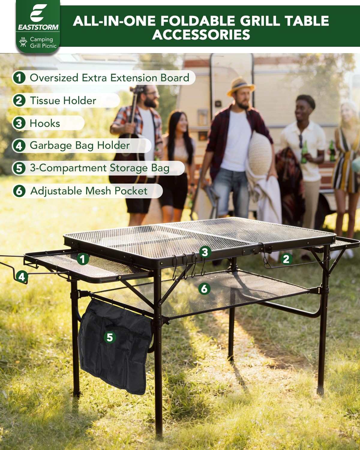 EASTSTORM trash bag rack and utensil hooks keep gear organized.