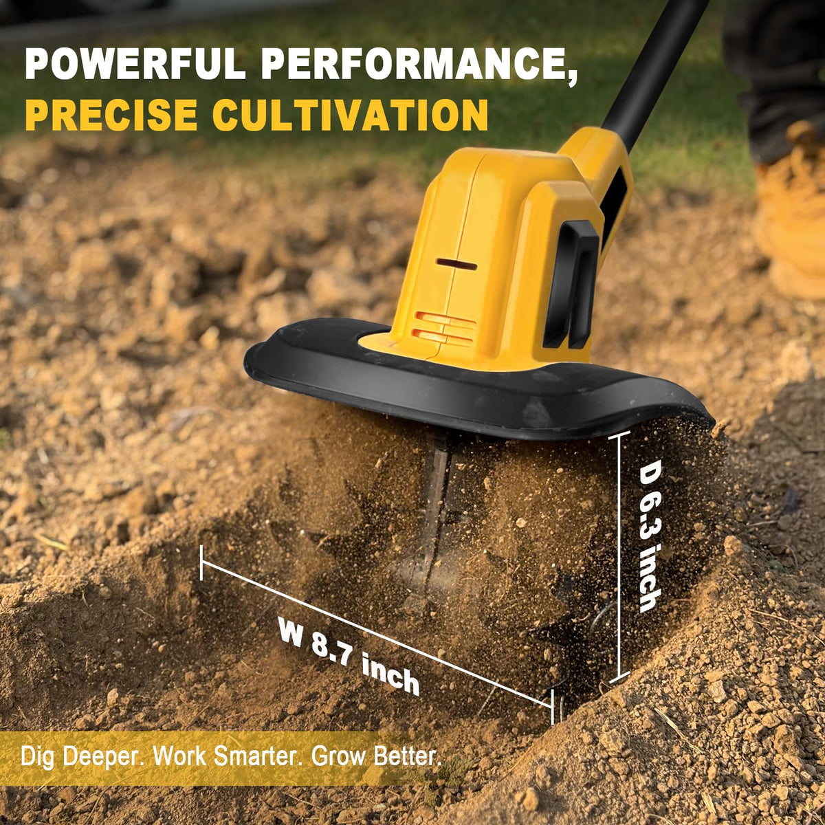 Eastyle tiller demonstrates 8.7-inch tilling width for beds.