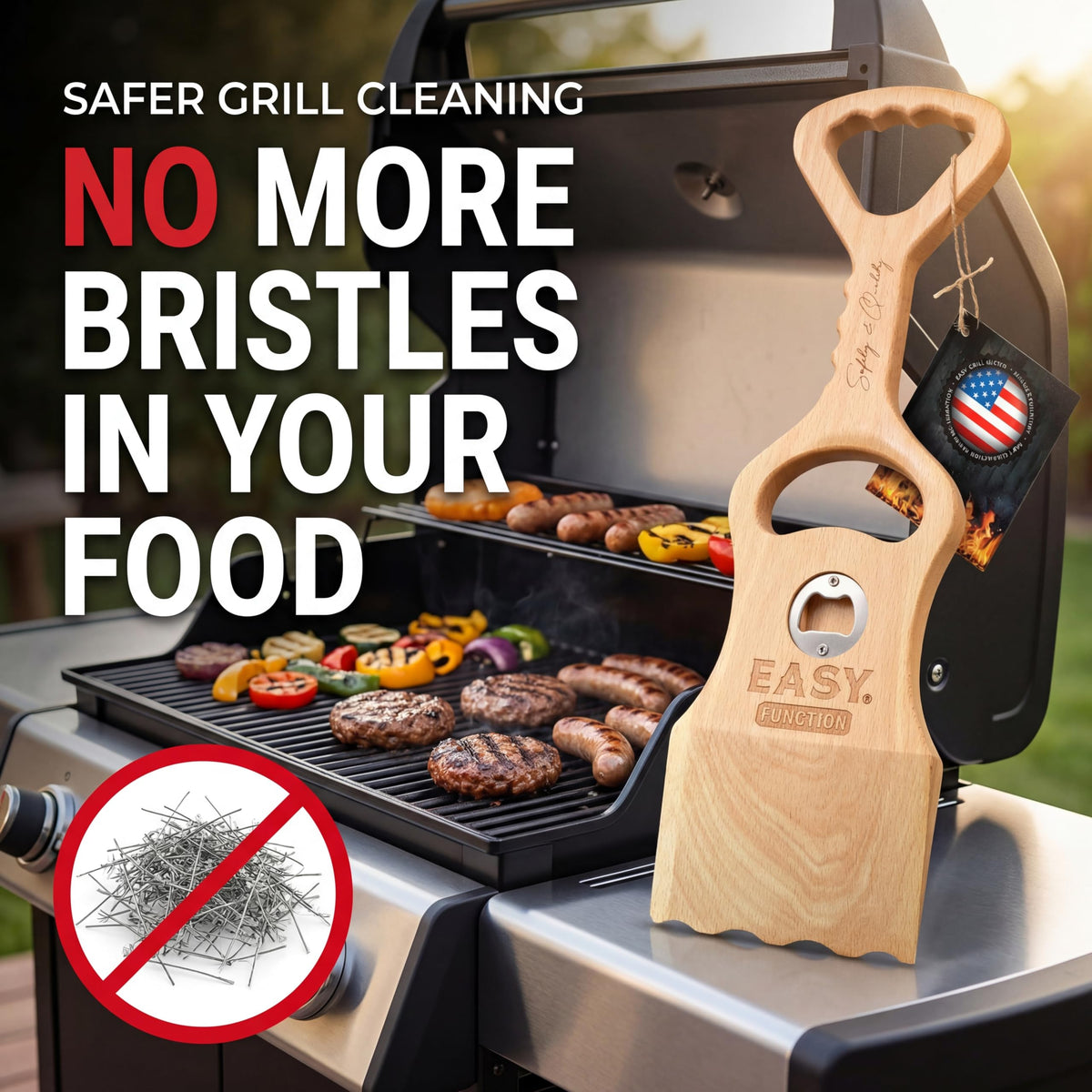 EASY FUNCTION Wood Grill Scraper uses natural pine for safe no-scratch grill cleaning