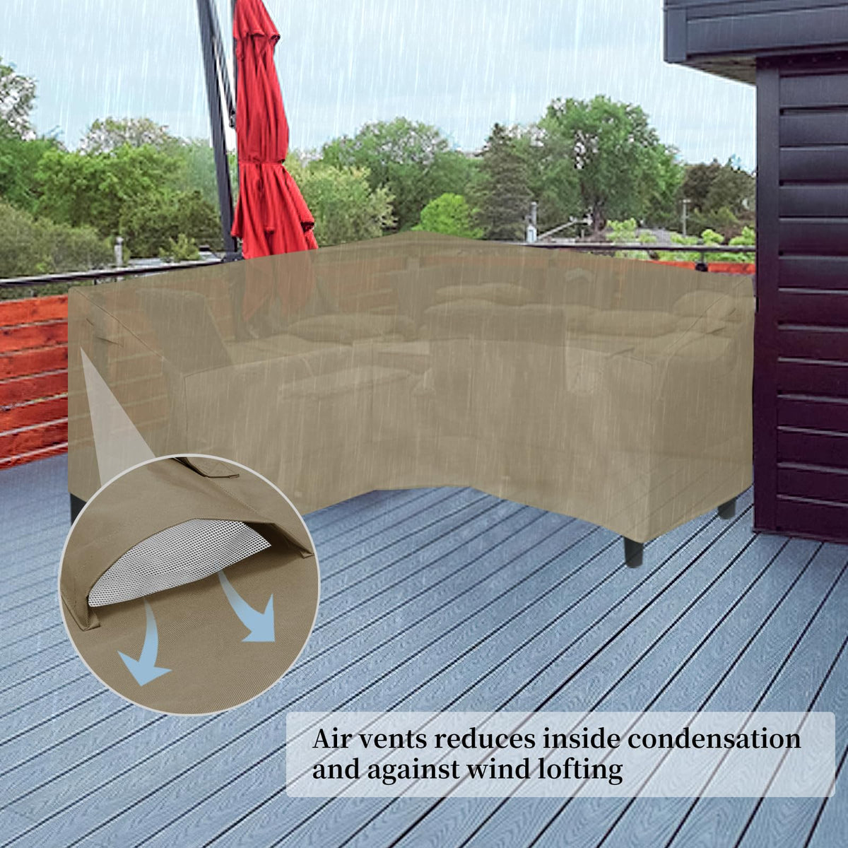 Easy-Going 600D patio cover with click-close straps secures against wind.