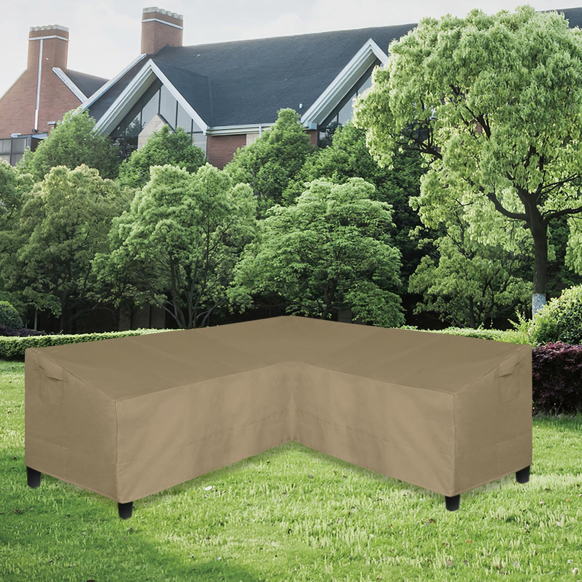Easy-Going 600D patio cover side view shows snug fit for V-shaped sectional.