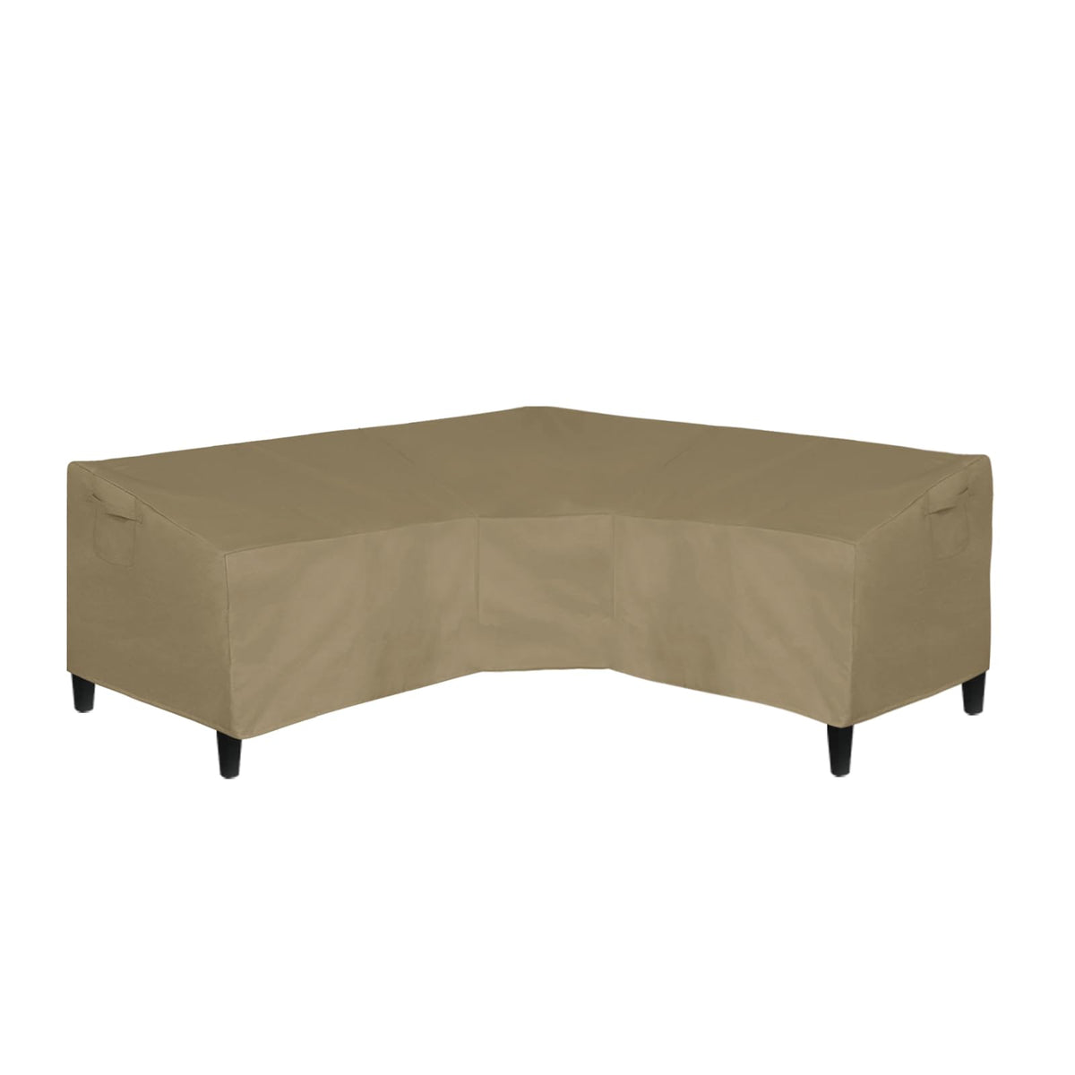 Easy-Going camel 600D cover, side view, shields your outdoor sofa from rain and wind.