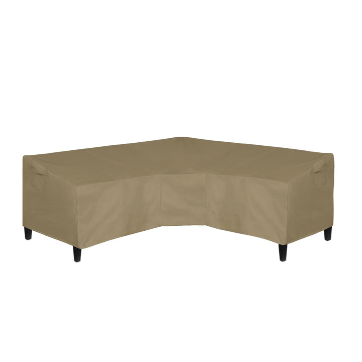 Easy-Going camel 600D cover, side view, shields your outdoor sofa from rain and wind.