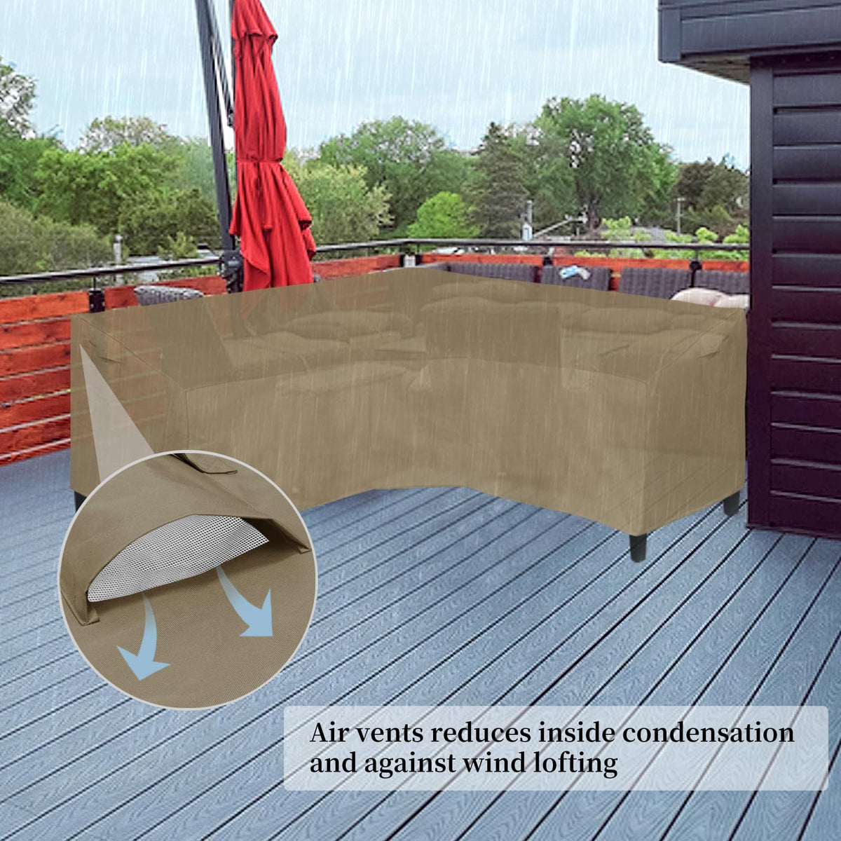 Five click-close straps secure the camel cover over your legs.