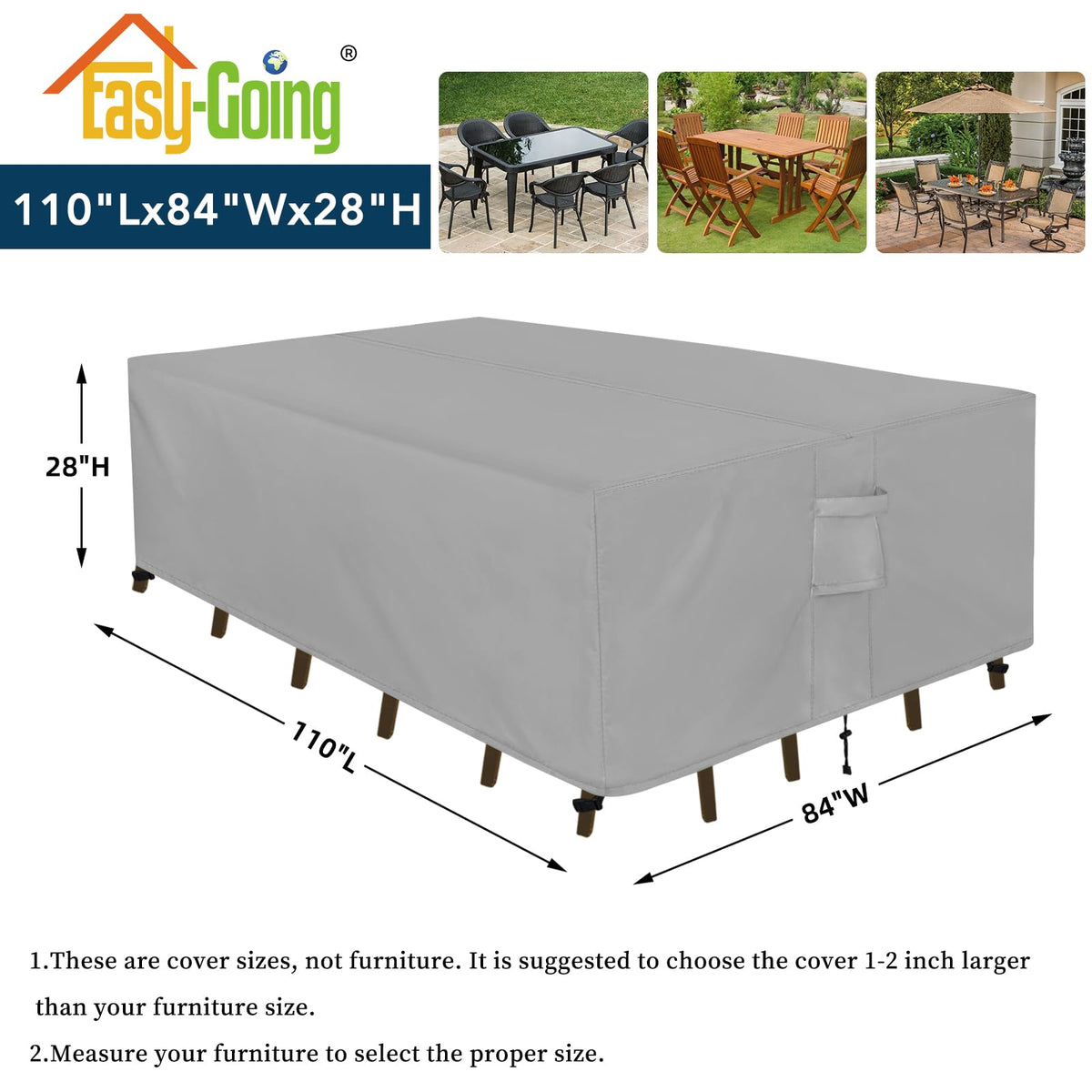 Easy-Going colorfast rectangle cover blocks UV to prevent sun fading