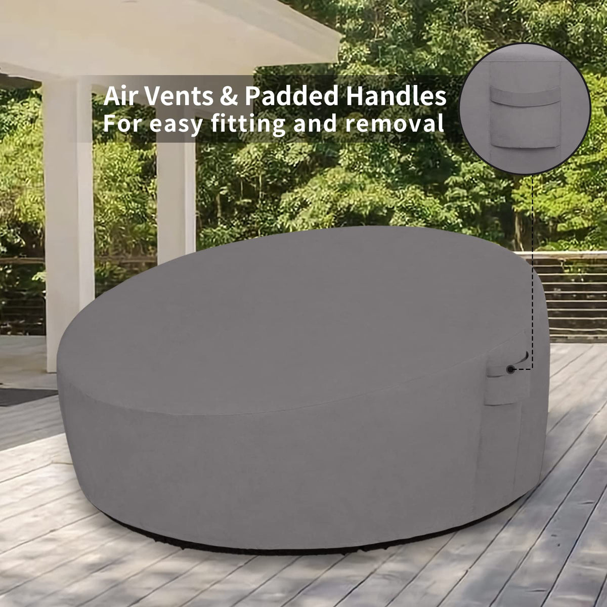 Easy-Going cover with adjustable drawstrings demonstrates wind-secure fit